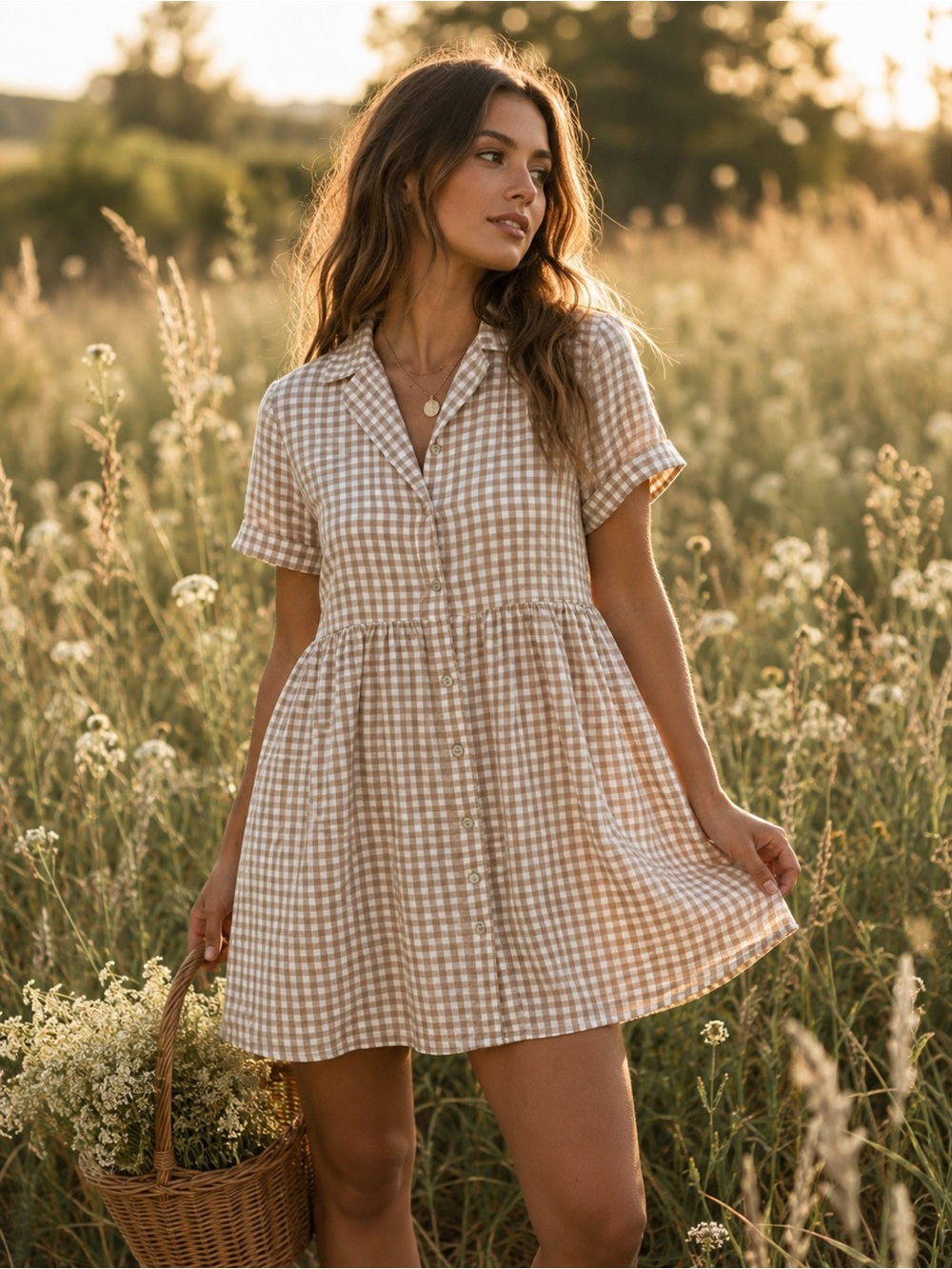 Rylee and Cru Linen Cotton Beige Gingham Button-Front Short Sleeve Dress